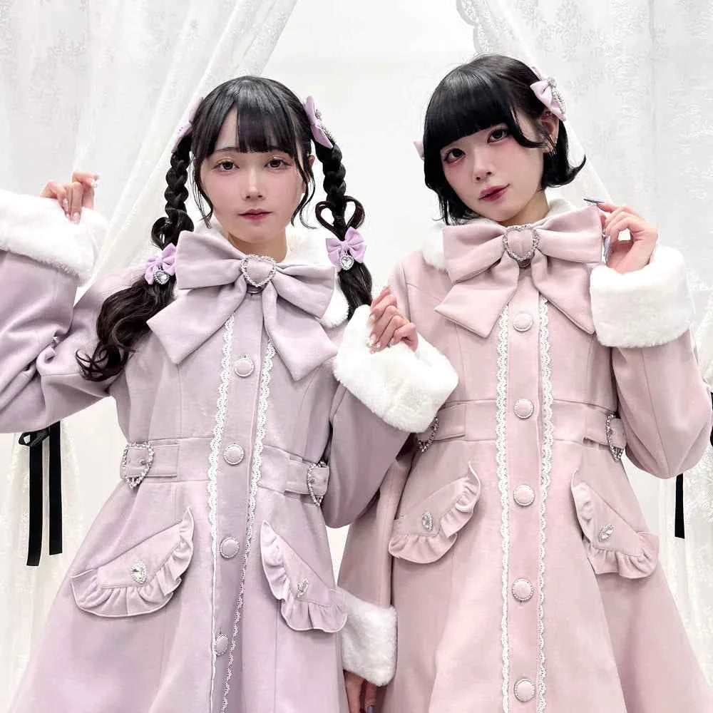 Japanese Sweet Winter Woolen Coat Lolita Style Cute Big Bow Fungus Edge Long Sleeve Slim Kawaii Girls Women Elegant Overcoat