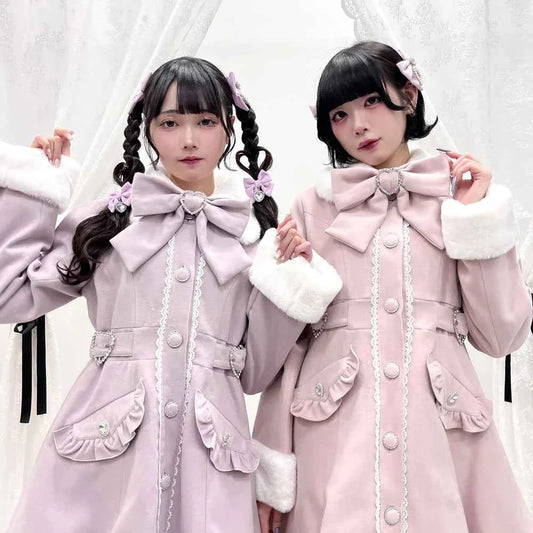 Japanese Sweet Winter Woolen Coat Lolita Style Cute Big Bow Fungus Edge Long Sleeve Slim Kawaii Girls Women Elegant Overcoat