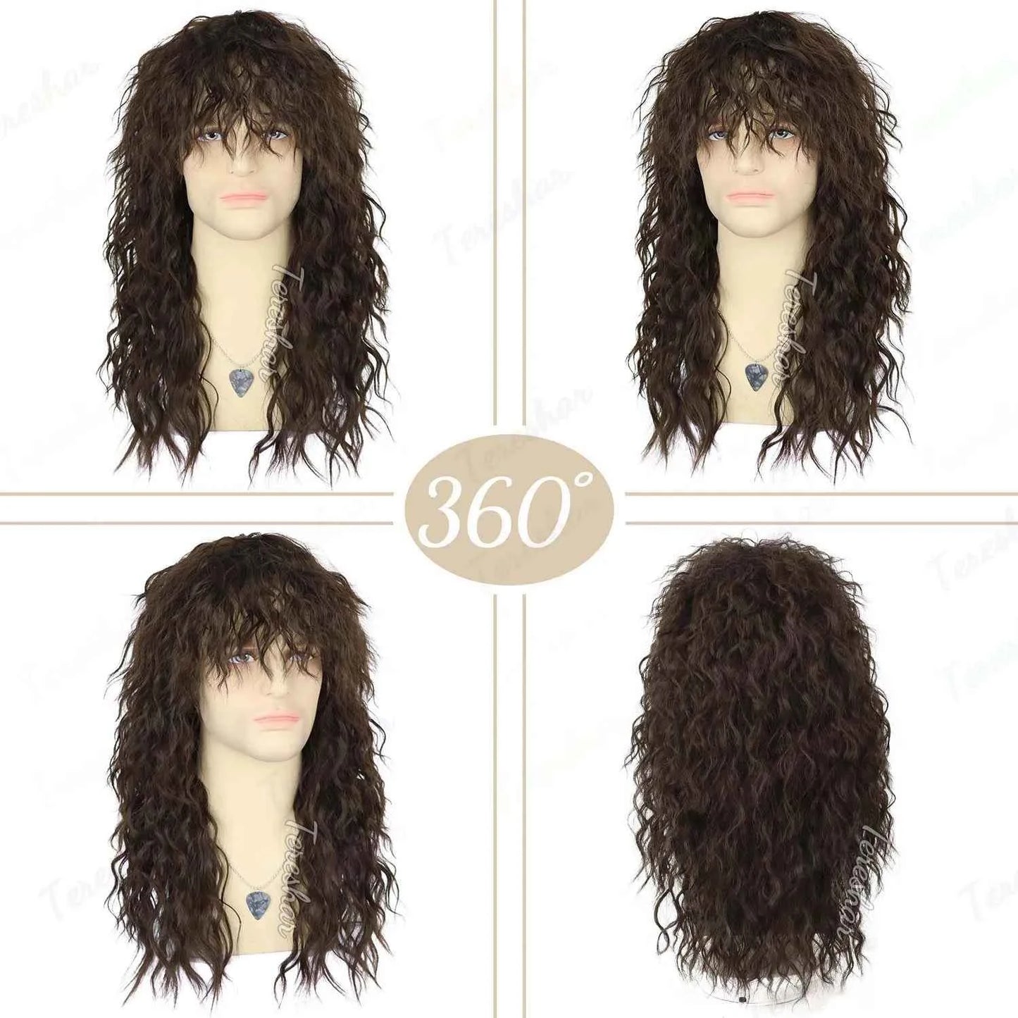 Synthetic Men’s 80s Brown Mullet Wigs Male Hair Punk Metal Rocker Wig,Eddie Costume Wig for Halloween Party Use,Multi-colore wig
