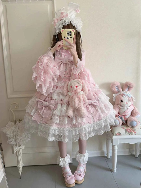 Women's Pink Lolita Dress Cape Set New Spring Women's Sweet Girl Lace Princess Jsk Cake Dress Fairy Suspender Dress Shirt Outfit