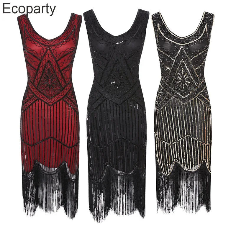1920s Gatsby Dress 20s Flapper Girl Fancy Retro Sleeveless Sequins Embroidered Tassels Party Dress With Fan Necklace Accessories SS69
