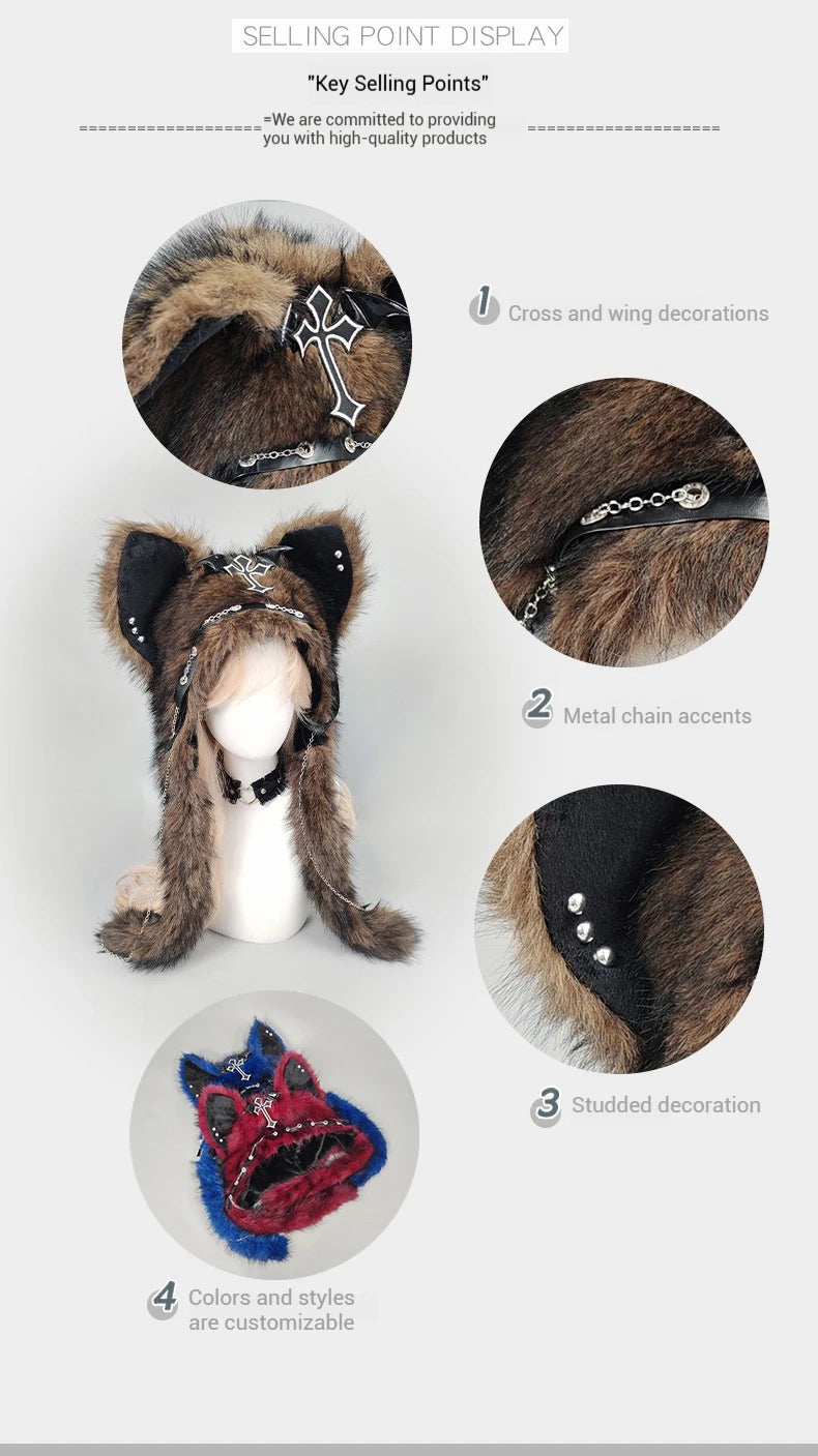 Dark Series Gothic Plush Hat Y2K Cross Metal Style Headwear Cosplay Cat Ear Hat Halloween Punk Rock Warm Cap for Women Men Child