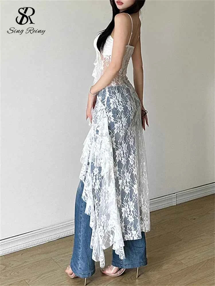 SINGREINY Women Lace Irregular Long Dress Camis Sheath Sensual Sheer Dress Fashion Streetwear Hollow Out Ruffles Sexy Dresses