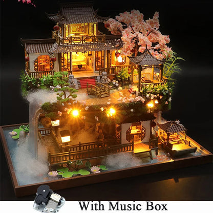 DIY Wooden Chinese Ancient Casa Miniature Building Kits Bookend With Lights Assembled Bookshelf Home Decoration Friends Gifts SS69 106.69 A with music / CHINA