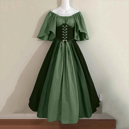 Halloween Costumes for Women Medieval Retro Contrasting Color Slim Swing Dress One-word Shoulder Dress Love Live Cosplay