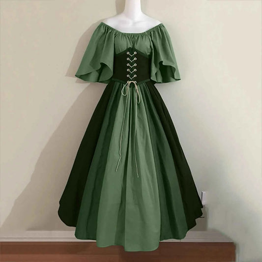 Halloween Costumes for Women Medieval Retro Contrasting Color Slim Swing Dress One-word Shoulder Dress Love Live Cosplay