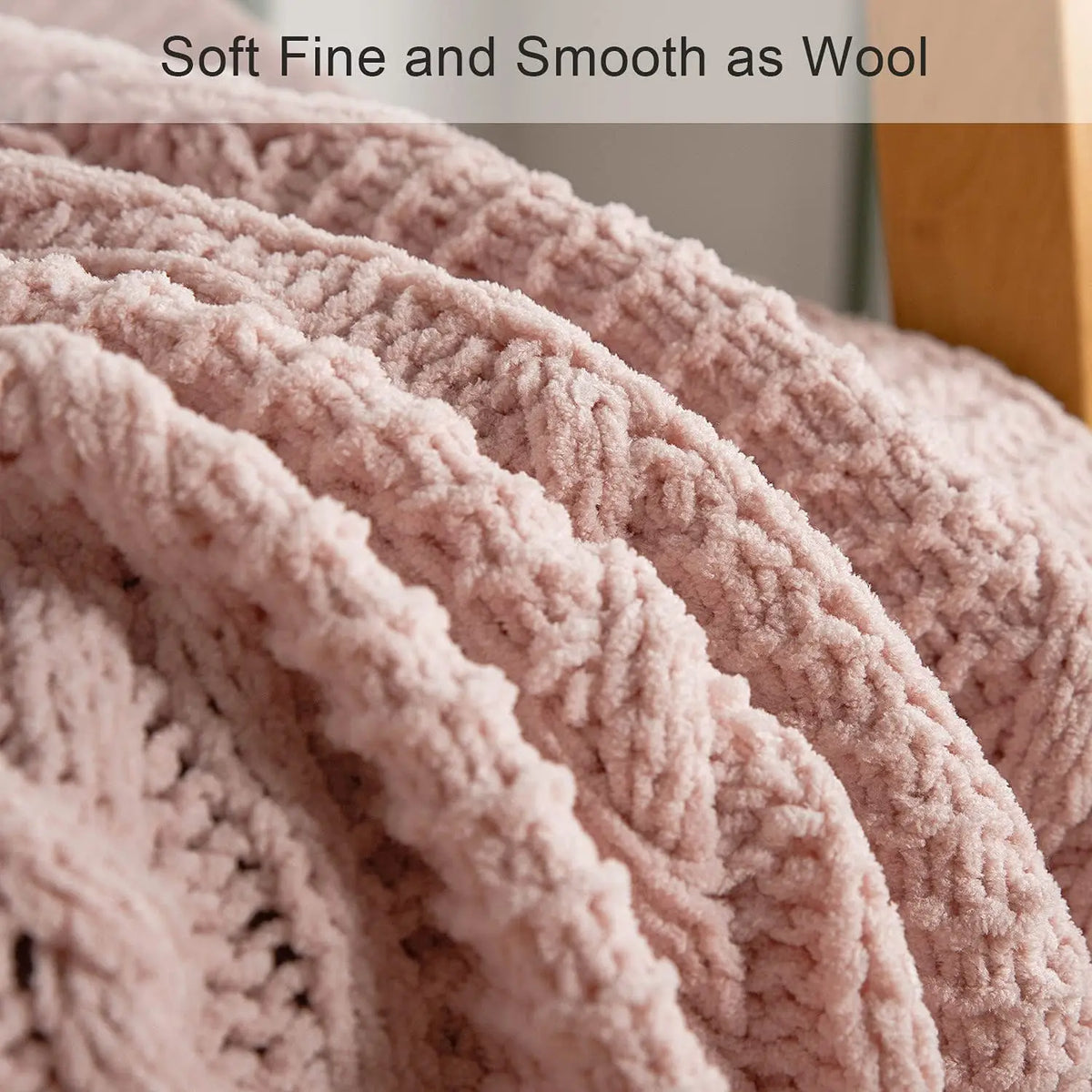SS69 Chunky Chenille Knit Throw Blanket with Pom Poms, 130x170cm