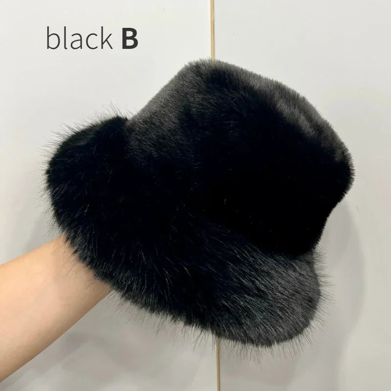 Women's Fluffy Faux Rabbit Fur Bucket Hat - Warm Plush Winter Cap