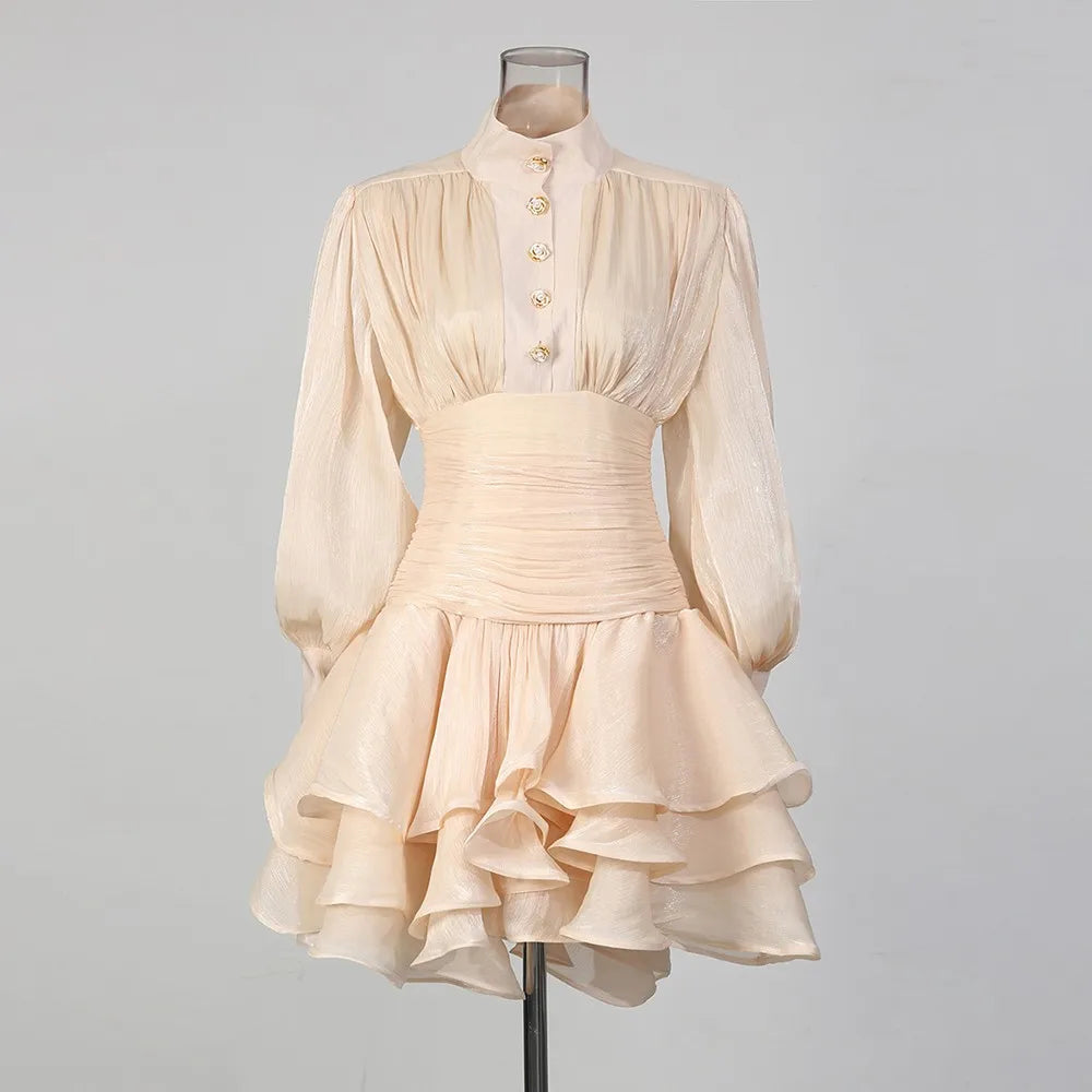 TWOTWINSTYLE Solid Spliced Ruffles Dress Female Stand Collar Long Sleeve Loose French Elegant Women's Dresses Autumn Fashion New