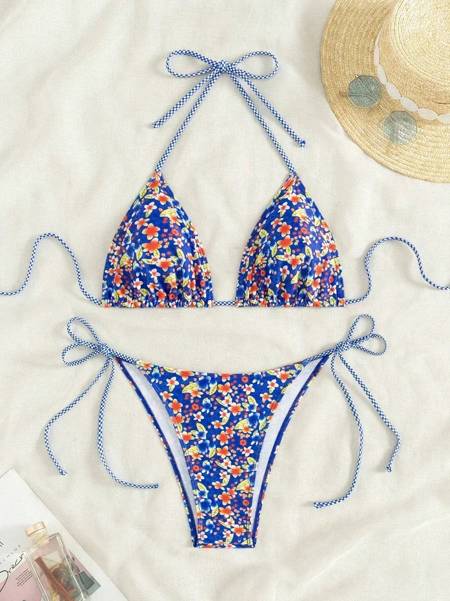 Swimsuit 2025 Female Micro Bikini Women Swimwear Summer Beachwear Women's Bathing Suit Floral Print Neck Halter Thong Bikini Set SS69