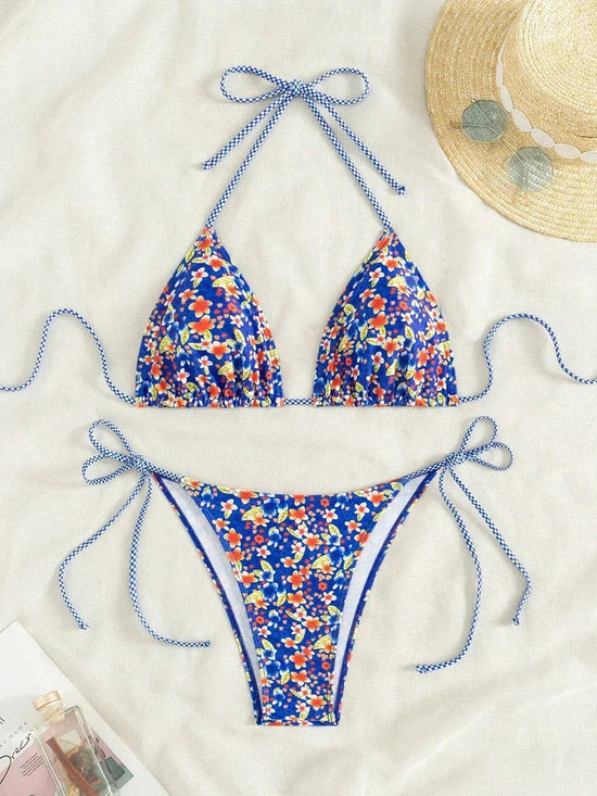 Swimsuit 2025 Female Micro Bikini Women Swimwear Summer Beachwear Women's Bathing Suit Floral Print Neck Halter Thong Bikini Set SS69