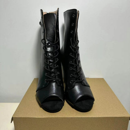 Women's Black Peep-Toe High Heel Stilettos Size 46 New Fashion Brand Party Boots for Ballroom Latin Jazz Dance Sexy Party Shoes SS69