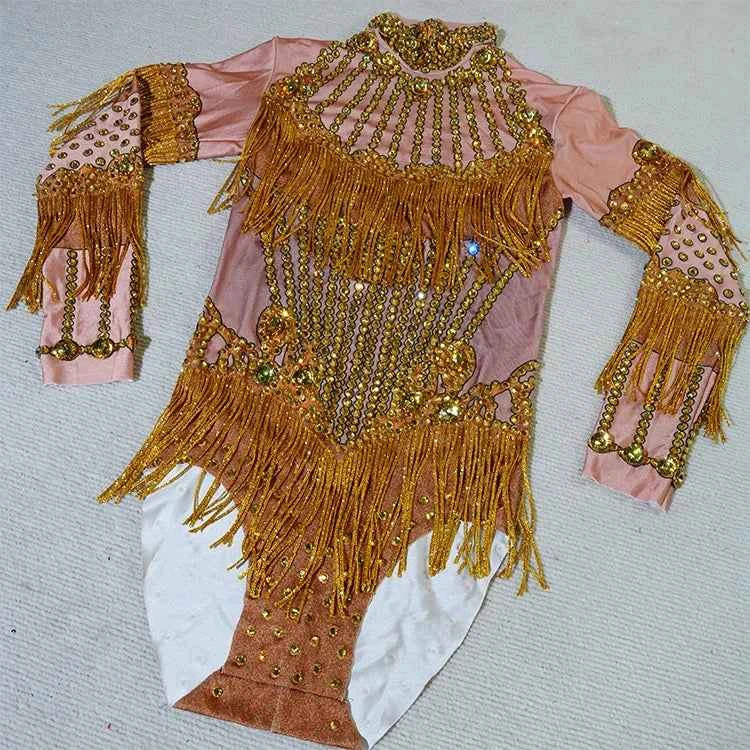 Custom rhinestones bodysuit tassels women Celebrate stage Team pole dance club party fashion leotard clothing