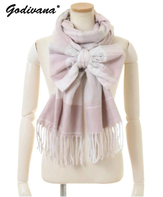 Japanese Liz New Lazy Wind Girls Sweet Plaid Lace Bow Scarf Soft Warm Women's Winter Lolita Scarf
