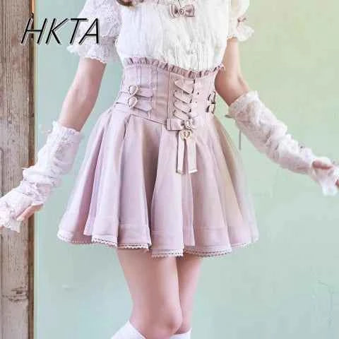 Japanese Liz New Spring Lace Edge Leather Ring High Waist Pleated Skirt Ribbon Bow Short Plaid Skirts Big Bow Lolita Blouses