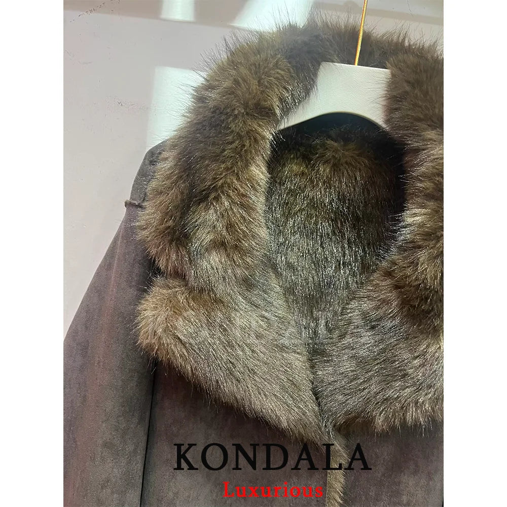 KONDALA Women's Chocolate Brown Leather Jacket with Fur Trim