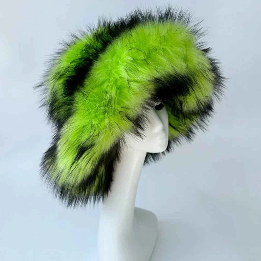 Luxury Fluffy Women Faux Fur Bucket Hats Oversized 17cm Wide Brim Thicken Outdoor Warm Plush Punk Hat Girl Y2k Female Ski Panama