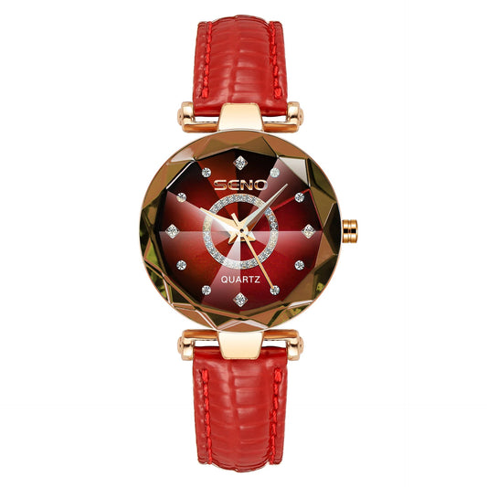 SENO Ocean Star Women Crystal Watch 2024 Top Brand Luxury Rose Gold Women Bracelet Watch for Ladies Wrist Watch Relogio Feminino SS69 14.69 leather red