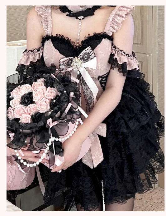 2024 New Spring Summer Ladies Exquisite Lace Skirt Suit Lolita Sweet Womens Black Pink Bow Tube Top Sling Short Cake Skirt Set SS69