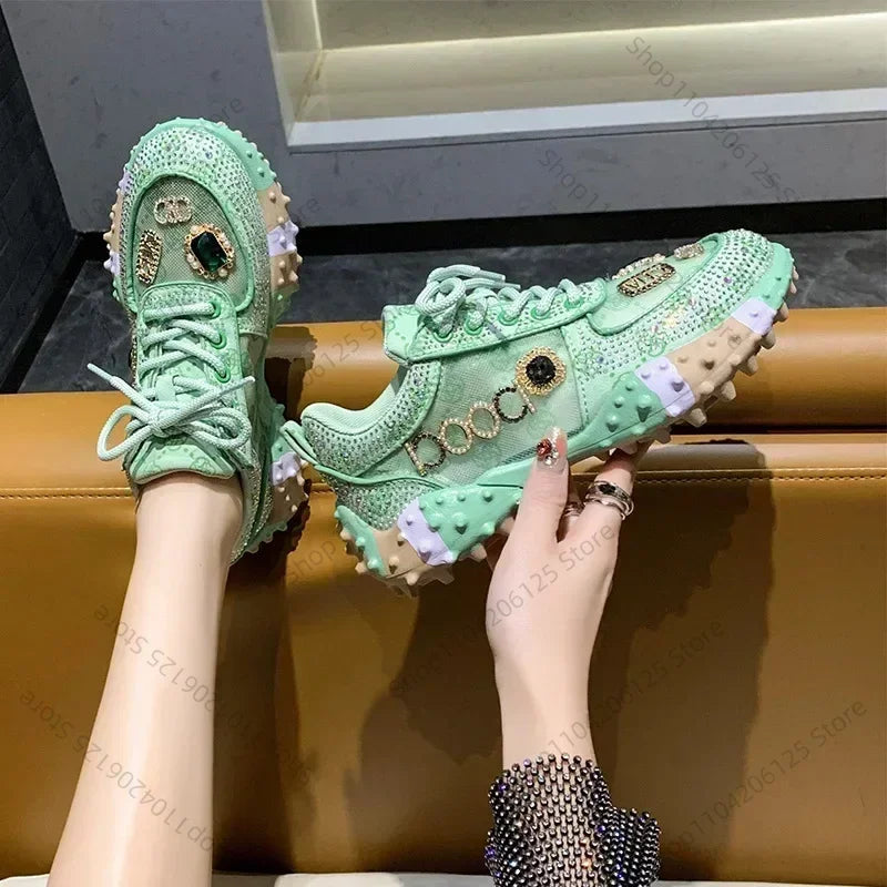 Women's Casual Sneakers Fashion Luxury Rhinestone Ladies Shoes 2024 New Outdoor Platform Female Sports Shoes Vulcanized Shoes SS69 27.69 Green / 39