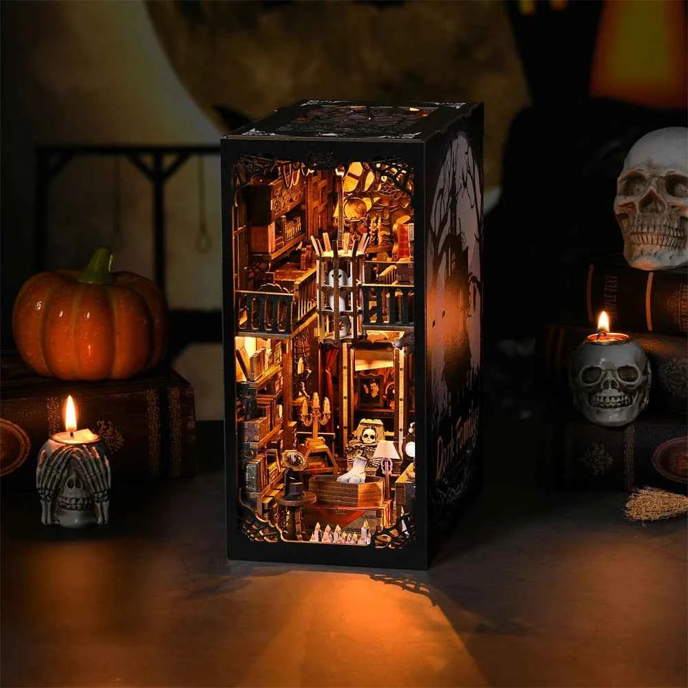 Book Nook Kit Dark Family DIY Wooden Puzzle Gothic style Halloween Bookshelf Dollhouse Model Bookend Building Home Decoration