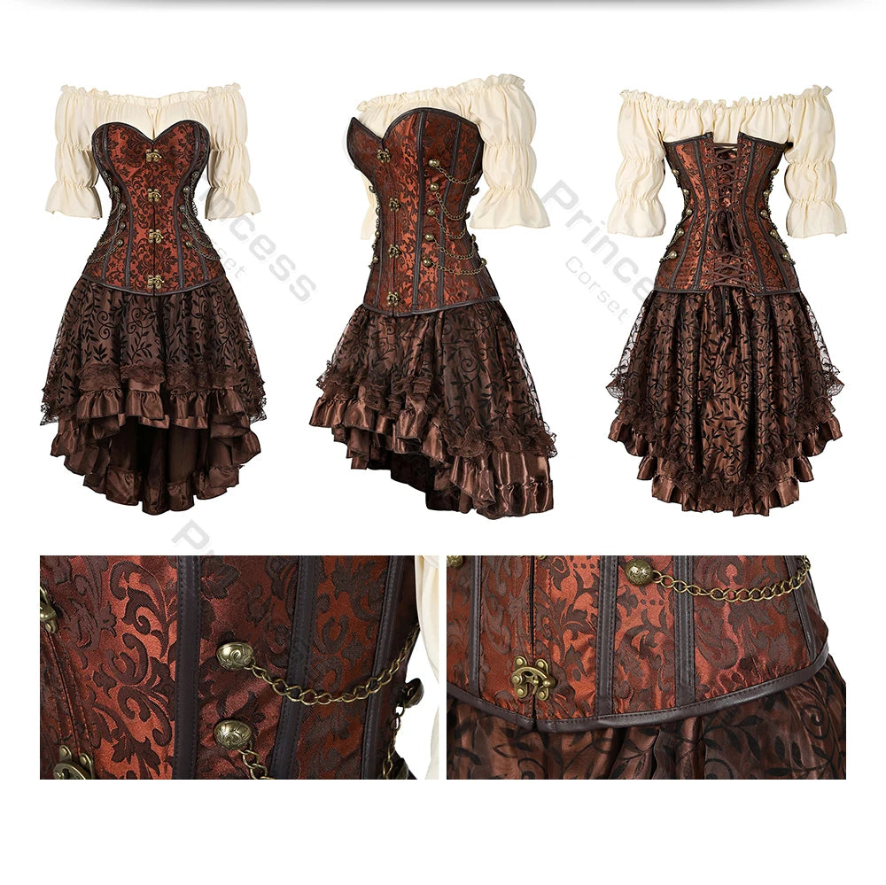 Brown Pirate Dress Plus Size Faxu Leather Steampunk Corset Dress with Shoulder Off Blouse Cosplay Pirate Costume for Women SS69
