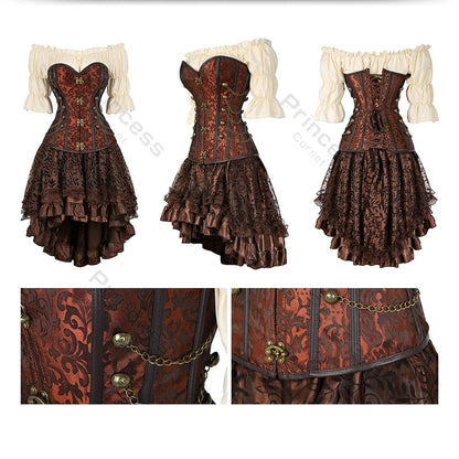 Brown Pirate Dress Plus Size Faxu Leather Steampunk Corset Dress with Shoulder Off Blouse Cosplay Pirate Costume for Women SS69