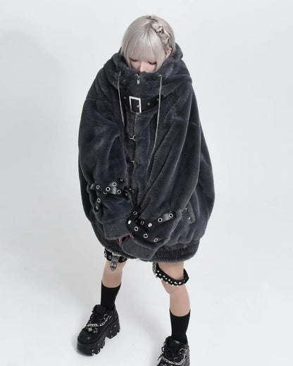Lautaro Autumn Winter Thick Warm Faux Fur Coat Women with Hood Zipper Luxury Japanese Style Punk Harajuku Fluffy Jacket 2026