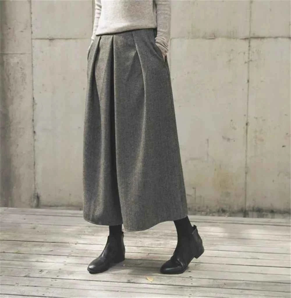 Loose Woolen Wide Leg Skirts Pants Women Pleated Casual Pants Winter Autumn Straight Trousers Elastic High Waist Fat Leg Pants