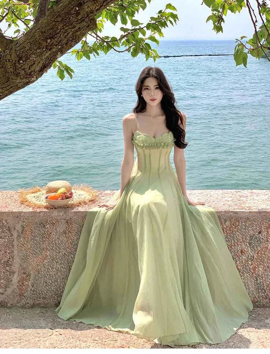 Summer Retro Purple Sexy Sleeveless Backless Ruffles Pleated Slip Dress French Women Green Elegant Party Evening Long Dress Chic