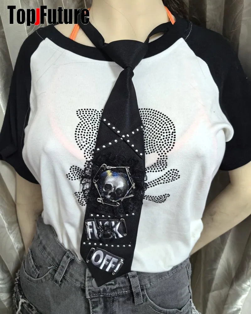 Women Men Y2K Girl Boy Gothic Harajuku Punk Steampunk Pre-Tied Ties Skeleton Necktie Accessories Halloween Cosplay Tie Choker SS69