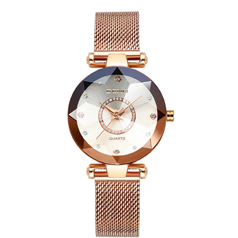 SENO Ocean Star Women Crystal Watch 2024 Top Brand Luxury Rose Gold Women Bracelet Watch for Ladies Wrist Watch Relogio Feminino SS69