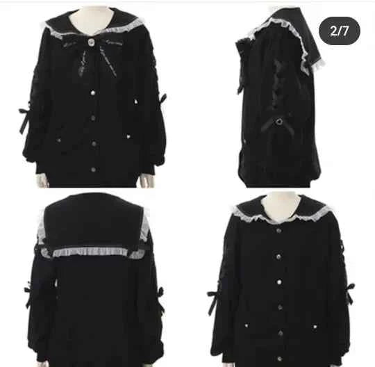 Mine Series Japanese Embroidery Bow Sail Collar Black Long Sweatshirt Coat Women Hoodie Lolita Sweet Girls Pink Hoodies Jacket