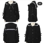 Mine Series Japanese Embroidery Bow Sail Collar Black Long Sweatshirt Coat Women Hoodie Lolita Sweet Girls Pink Hoodies Jacket