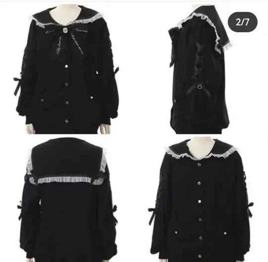 Mine Series Japanese Embroidery Bow Sail Collar Black Long Sweatshirt Coat Women Hoodie Lolita Sweet Girls Pink Hoodies Jacket