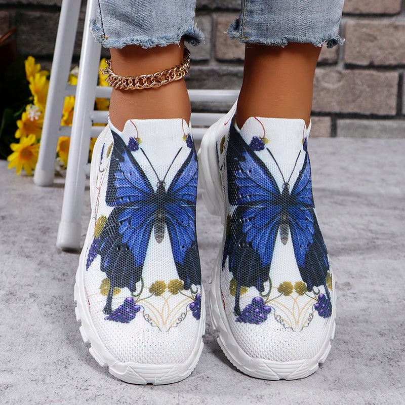Fashion Butterfly Print Platform Sneakers for Women 2025 Autumn Non Slip Knitted Sports Shoes Woman Thick Sole Slip On Sneakers