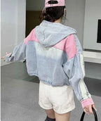 Womens Spring New 2026 Splicing Hooded Retro Denim Jacket Fashion Short Loose Versatile Zipper Long Sleeve Street Jackets