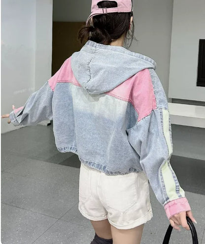 Womens Spring New 2026 Splicing Hooded Retro Denim Jacket Fashion Short Loose Versatile Zipper Long Sleeve Street Jackets