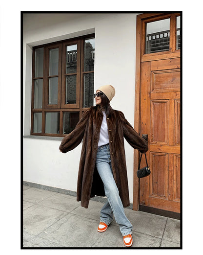 Lautaro Winter Long Brown Thick Warm Soft Faux Mink Fur Coat Women Puff Sleeve Elegant Luxury Chic Fluffy Furry Overcoat 2023