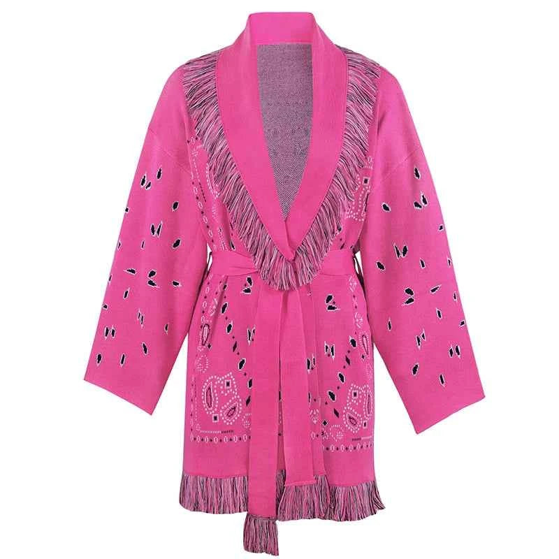 Vintage Tassels Print Women's Print Cardigan V-Neck Lace Up Full Sleeve Spliced Sweaters 2025 Autumn Lady All-match Kintwears