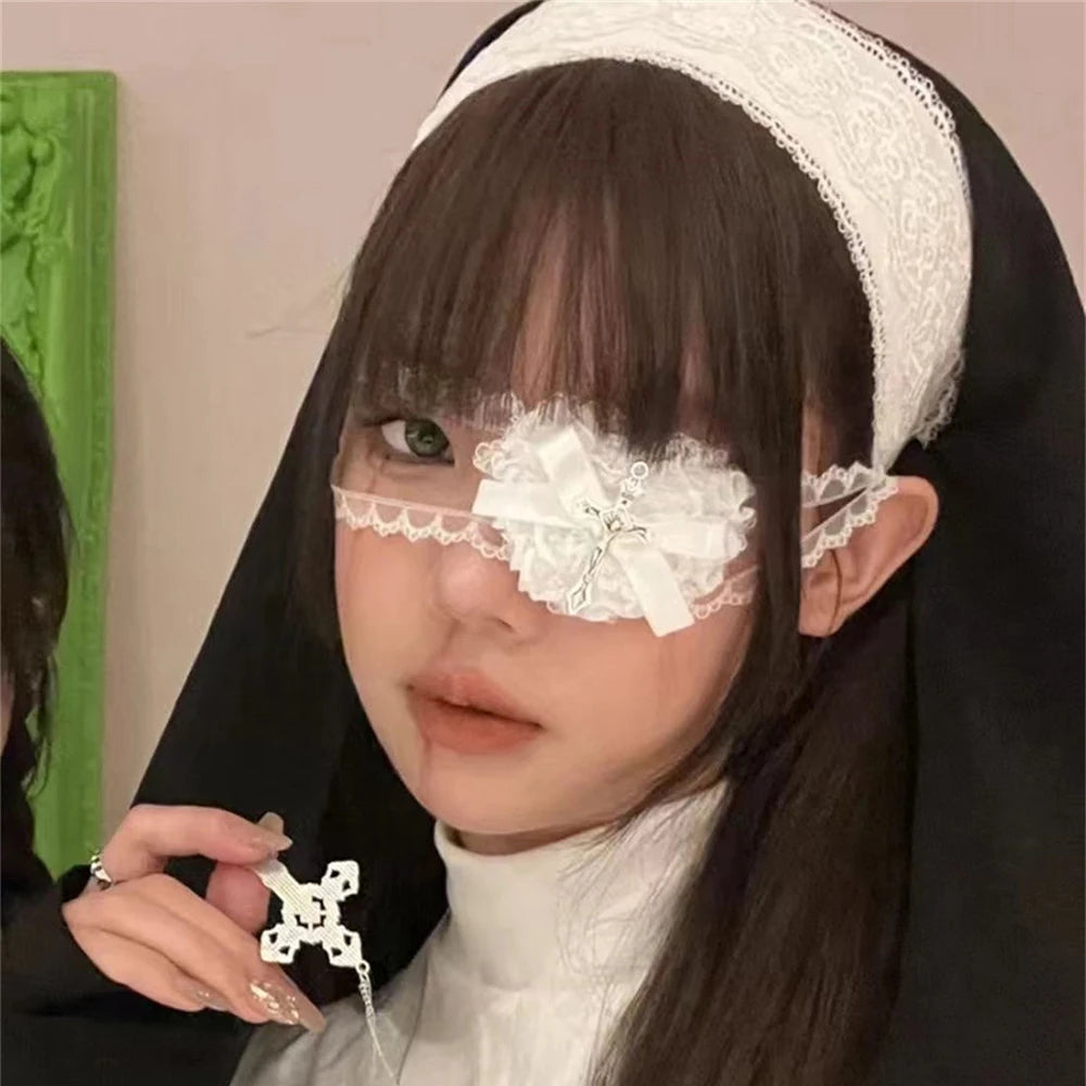 Punk Cross Eye Mask Women Lolita Cosplay Eye Patch Gothic Halloween Heart Bow Lace Eyewear Accessories Xmas Gifts SS69