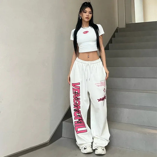 Korean Y2K Streetwear White Jogging Sweatpants Women Harajuku Sports Pants Oversized Hip Hop Letter Wide Leg Trousers SS69