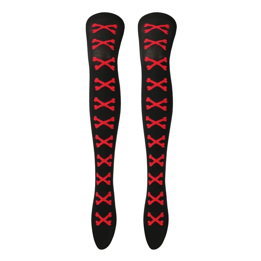 SS69 Women's Bone Print Thigh High Socks - Cotton Blend Cosplay Stockings
