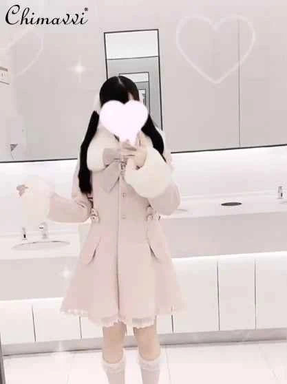 Japanese Sweet Bow Slim Medium Long Woolen Coat Winter New Faux Fur Collar Lolita Girl Women's Pink White Wool Jacket Overcoat