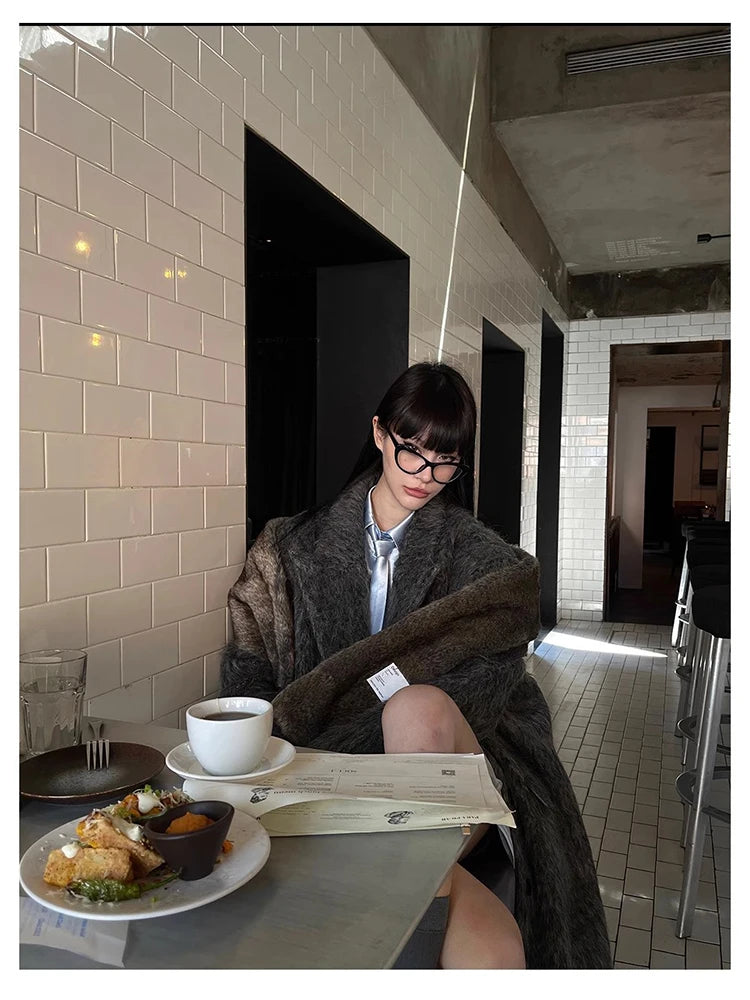 Mauroicardi Autumn Winter Oversized Extra Long Warm Thick Gray Wool & Blends Coat Women Loose Casual Fluffy Korean Fashion 2024