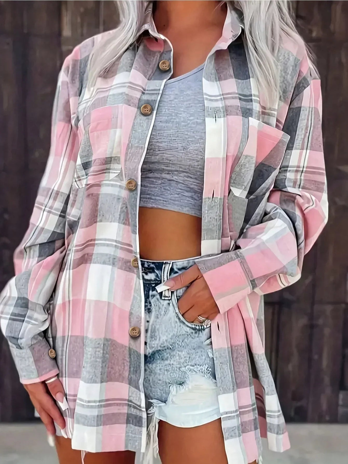 Women Plus Size Fashion Plaid Printed Shirt Casual Loose Long Sleeved Shirt  Lapel Design Shirt Tops SS69 27.69 Pink / 5XL