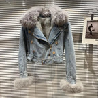 Winter Women Denim Coat Jacket Fox Collar Short  Warm High Street Outerwear Thicken Coat High Quality Luxury Design Party Wear