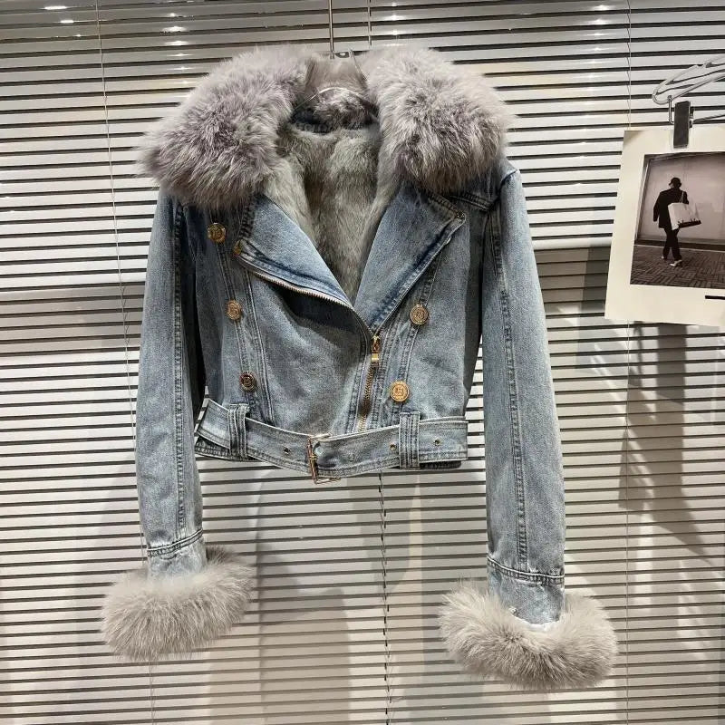 Winter Women Denim Coat Jacket Fox Collar Short  Warm High Street Outerwear Thicken Coat High Quality Luxury Design Party Wear