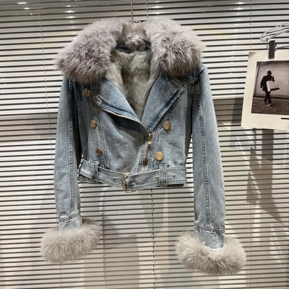 Winter Women Denim Coat Jacket Fox Collar Short  Warm High Street Outerwear Thicken Coat High Quality Luxury Design Party Wear