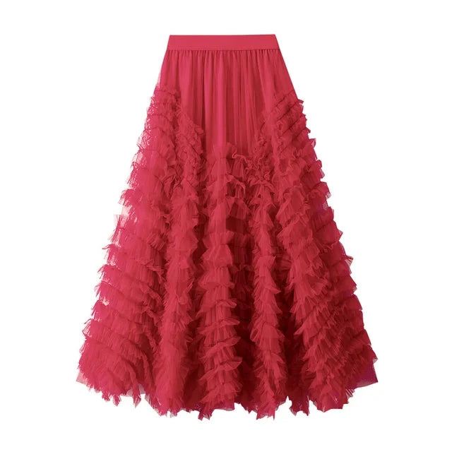 Tiered Tulle Maxi Skirt - Elegant A-Line High Waist Mesh